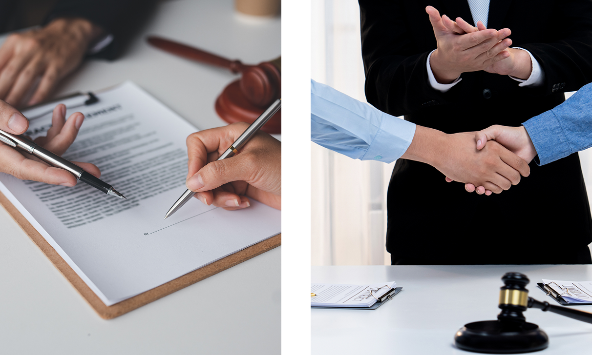 Arbitration Services, Inc. Two-panel image: Left shows hands signing a document on a clipboard with a gavel nearby. Right shows two people shaking hands, with documents and a gavel on the table.