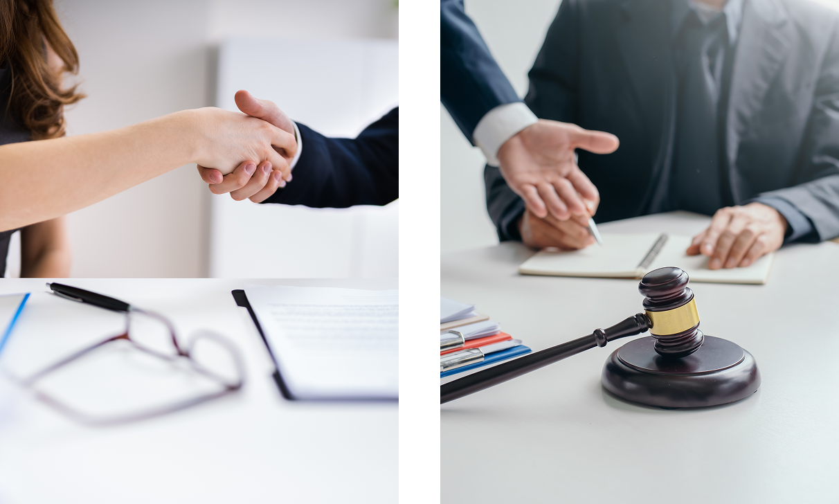 Arbitration Services, Inc. Two images: Left, a handshake above a desk with documents and glasses. Right, a gavel next to a person pointing at paperwork with another person taking notes.