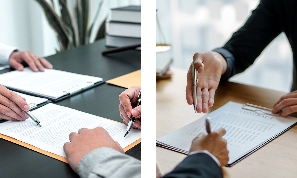 Arbitration Services, Inc. Two images: left shows hands signing documents on a table; right shows hands gesturing with a pen over a contract. Both depict business settings.