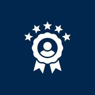 Arbitration Services, Inc. Icon of a person inside a ribbon badge with five stars above on a dark blue background.