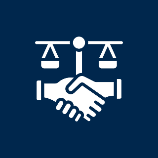 Arbitration Services, Inc. A white icon on a dark blue background depicts two shaking hands with a balance scale above them.