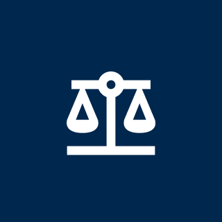 Arbitration Services, Inc. White balance scale icon on a dark blue background.