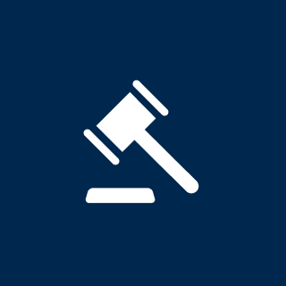 Arbitration Services, Inc. Icon of a white gavel and sound block on a dark blue background, symbolizing law or legal proceedings.