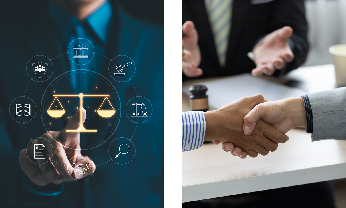 Arbitration Services, Inc. Split image: Left side shows justice-related icons; right side features two people shaking hands in a business setting.